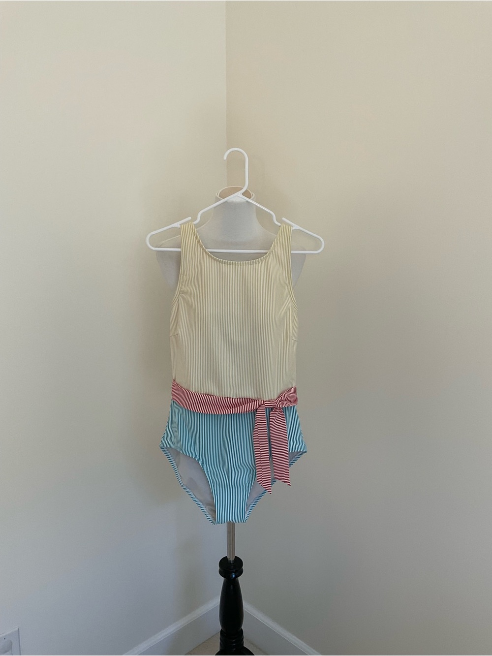 Lands' End Women’s Yellow And Teal Striped Seersucker One Piece Bathing Suit